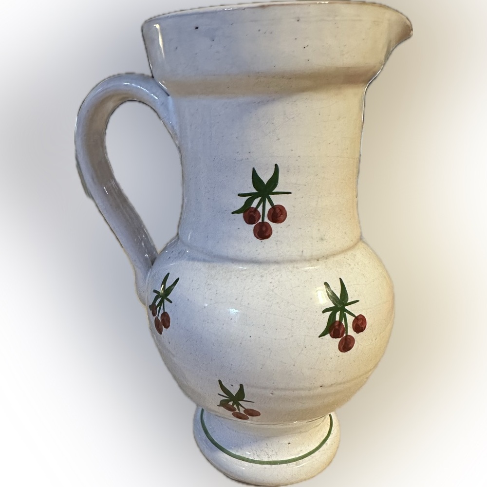 PORTUGAL CERAMIC PITCHER VASE POTTERY RED GREEN WHITE BERRY CHERRY CHERRIES 8”